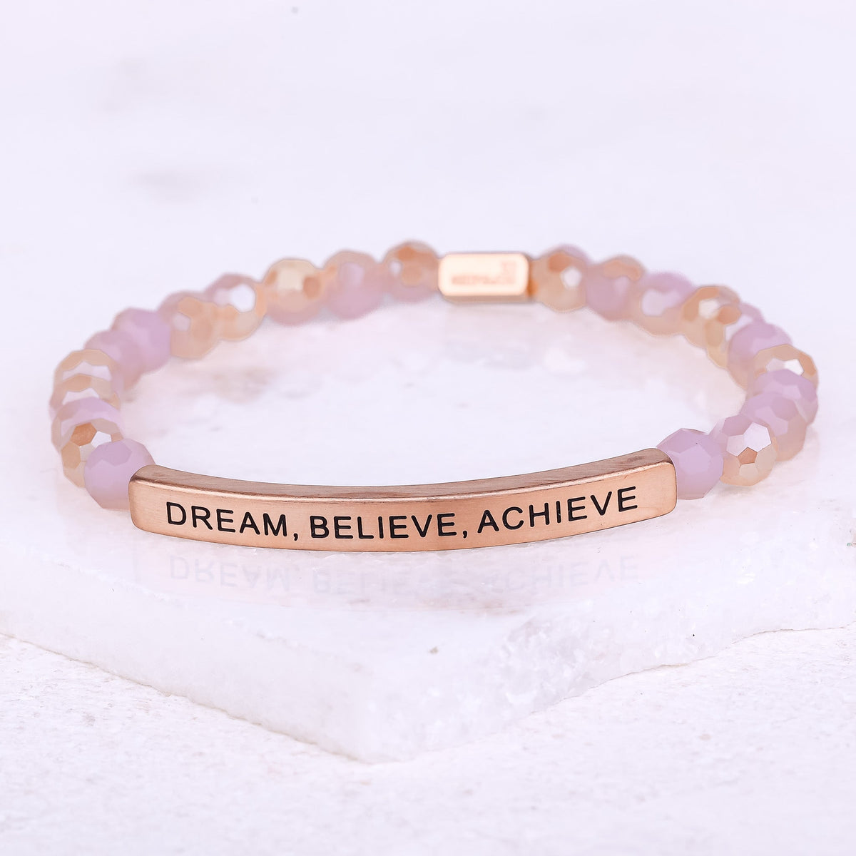 Pink crystal engraved beaded bracelet