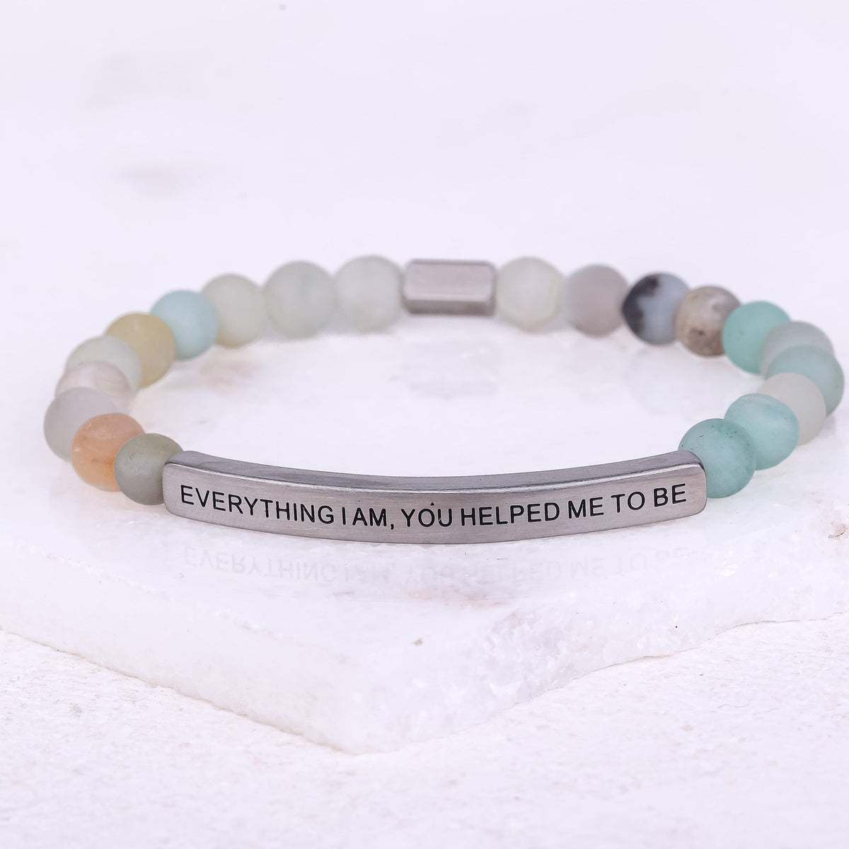 Positive message engraved beaded bracelet