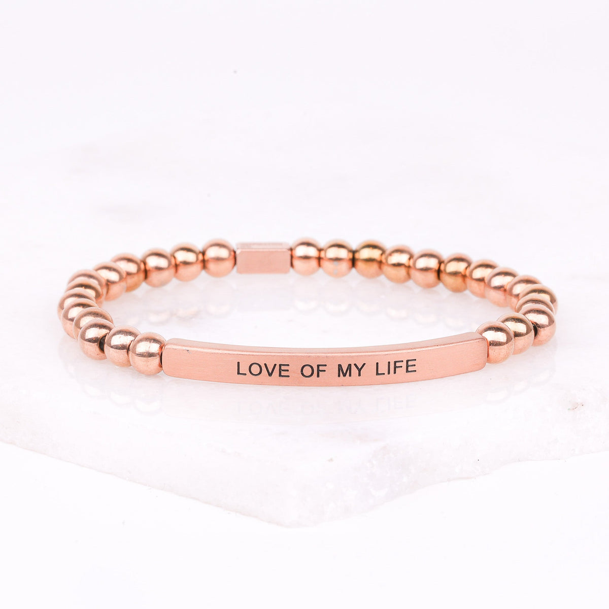 Beaded bracelet engraved with “Love of My Life”