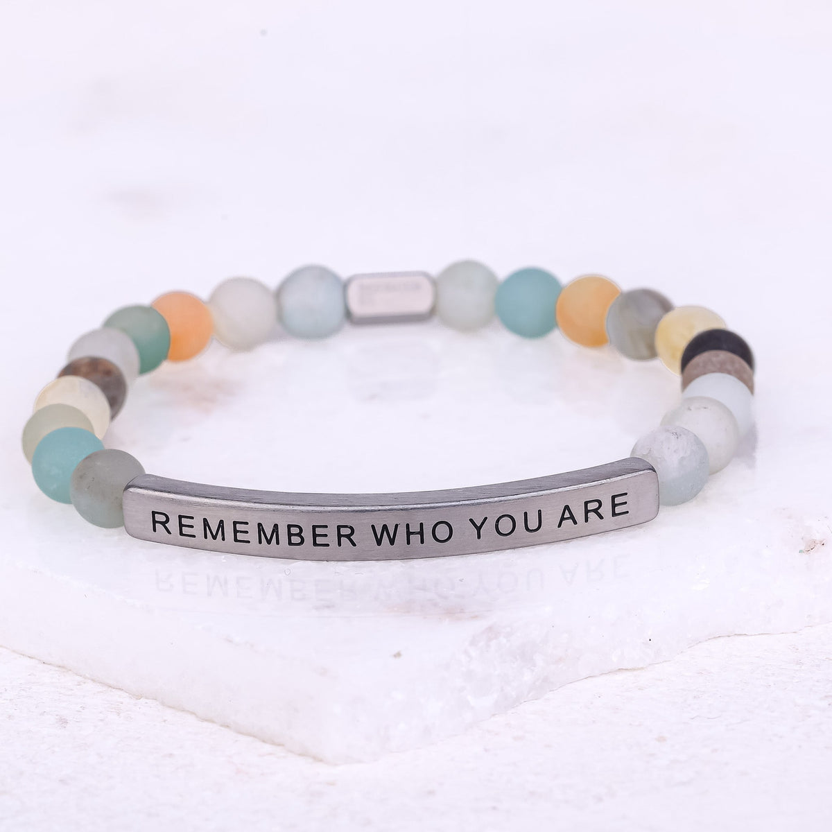 Remember Who You Are beaded bracelet with engraved inspirational message