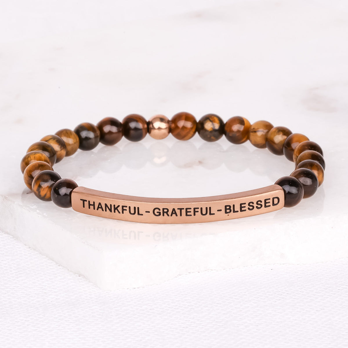 Inspirational beaded bracelet with Thankful Grateful Blessed engraved stainless steel message bar