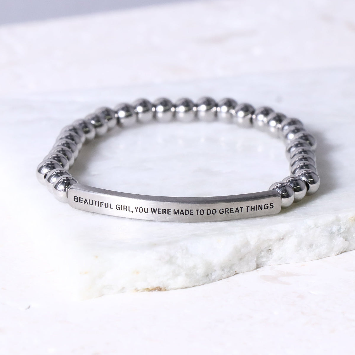 silver beaded engraved bracelet