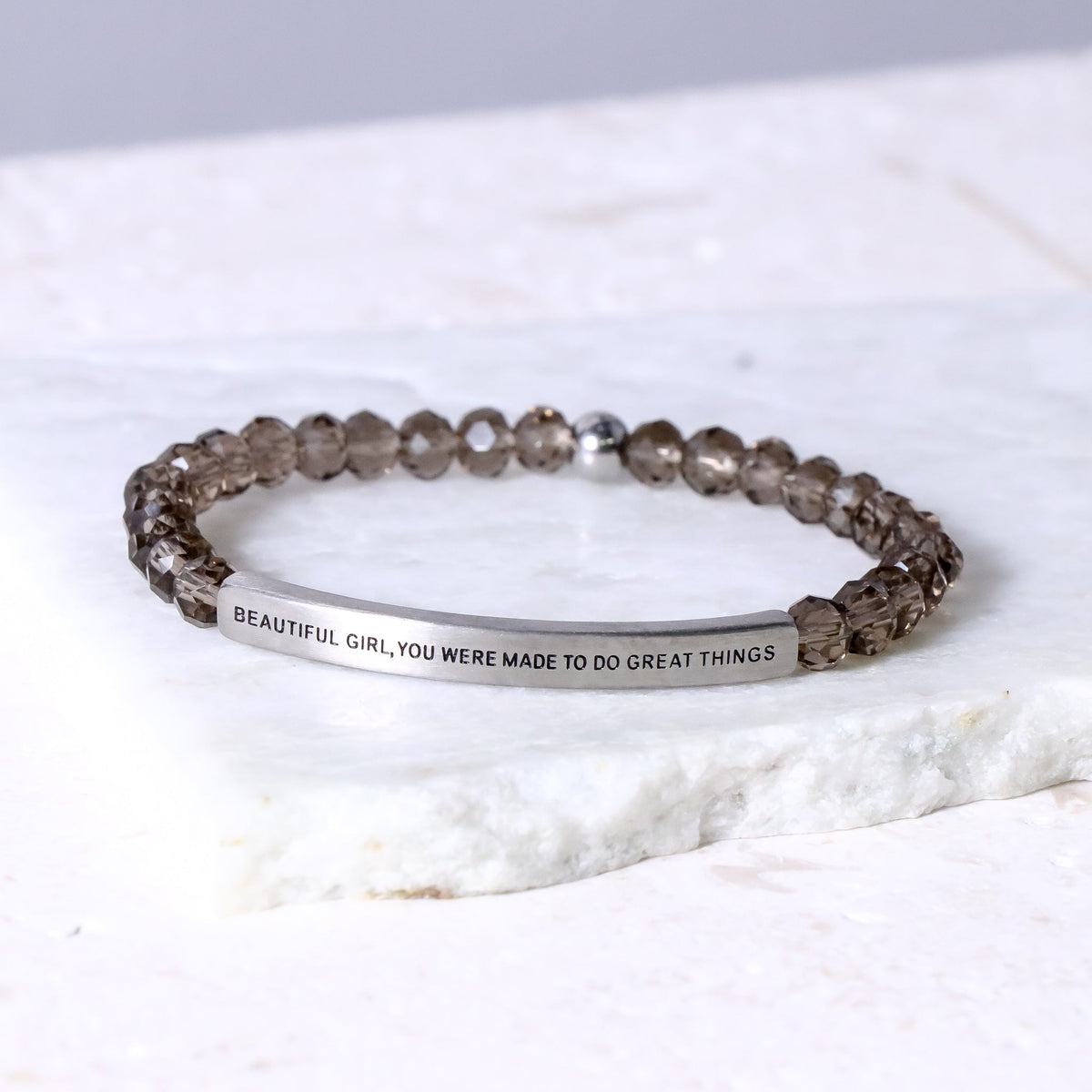 Crystal beaded bracelet with engraved bar