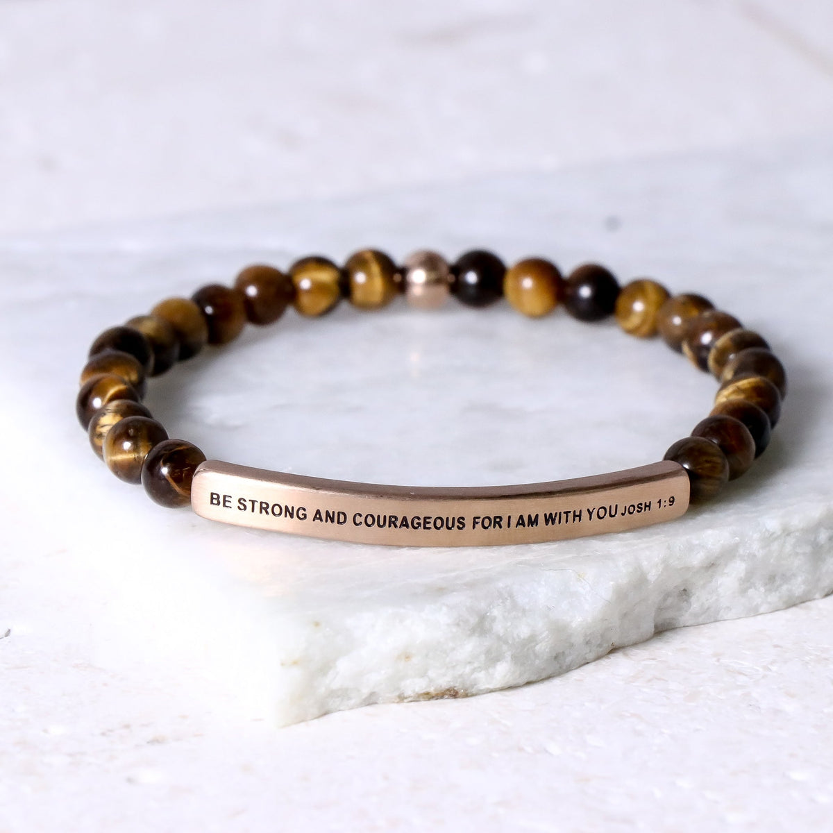 Inspirational engraved bracelet with tiger eye stones