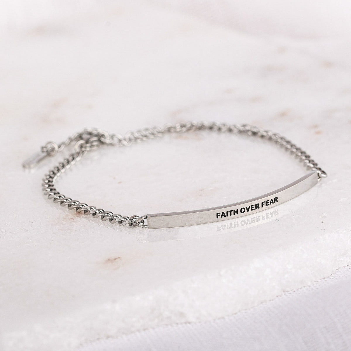 silver chain bracelet with engraved message