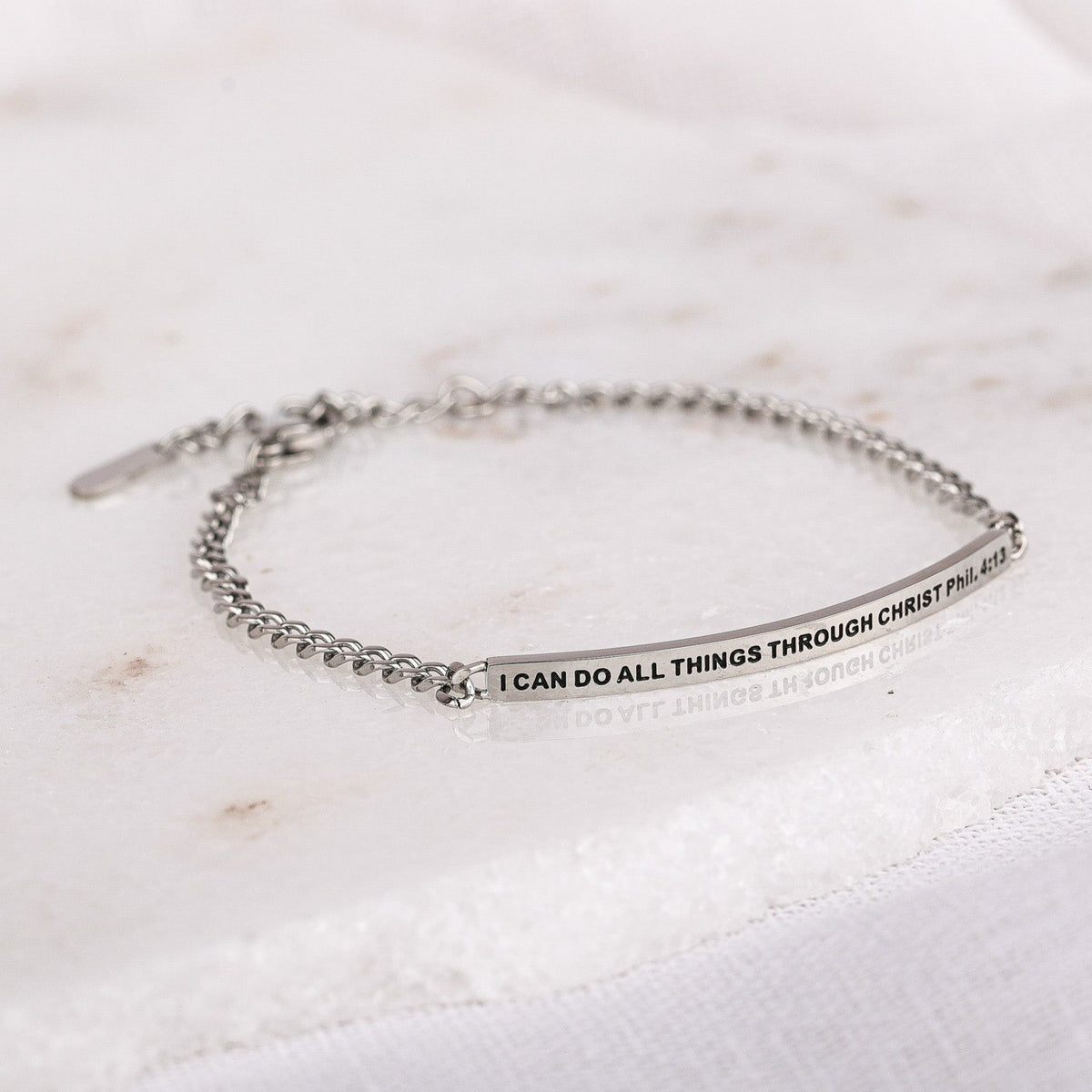 silver chain bracelet with engraved bible verse