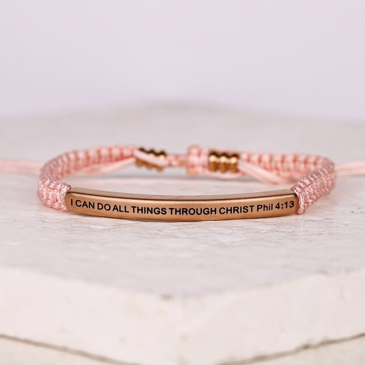 pink rope bracelet with engraved positive message