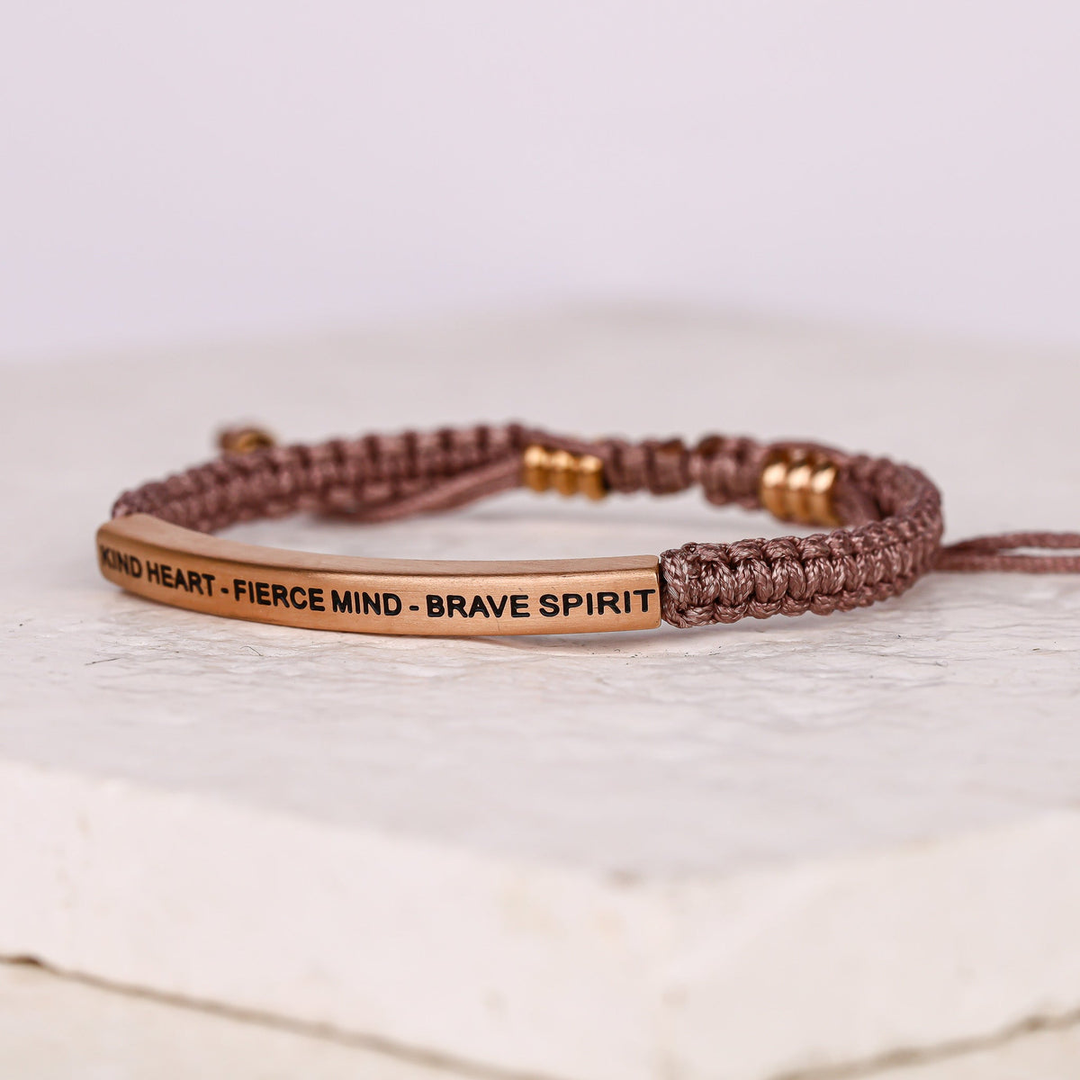 Inspirational gift rope bracelet with Kind Heart Fierce Mind Brave Spirit message