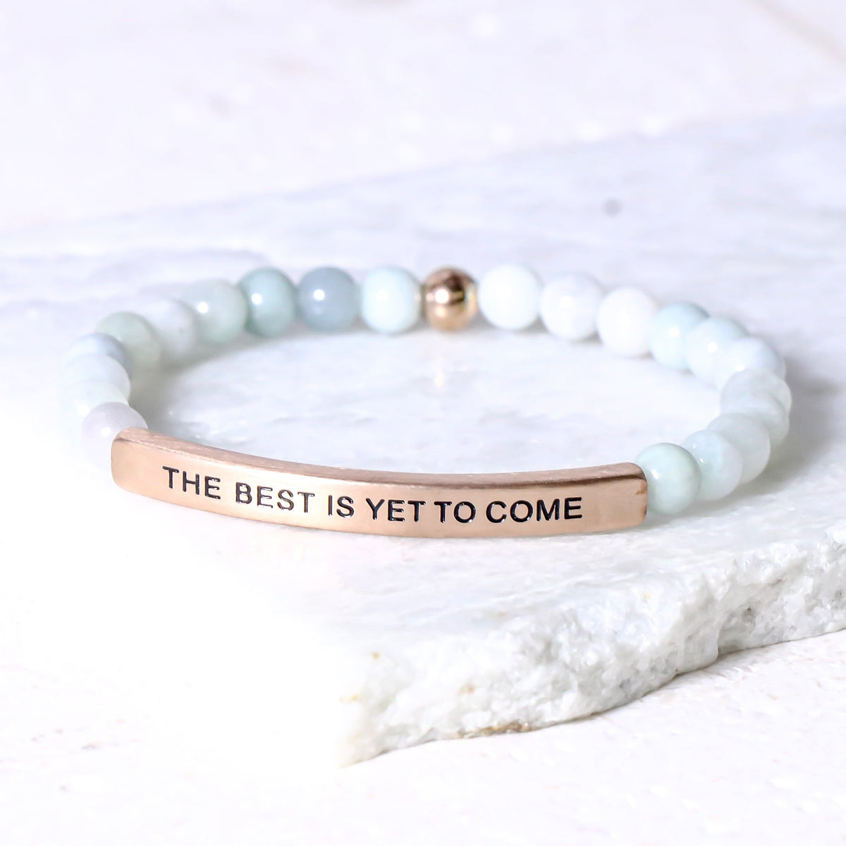 THE BEST IS YET TO COME gemstone bracelet with inspirational engraved stainless steel message bar