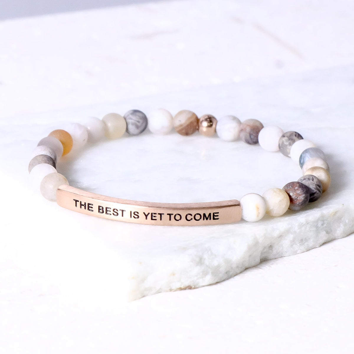 The Best Is Yet to Come inspirational beaded bracelet with engraved message and natural gemstone beads