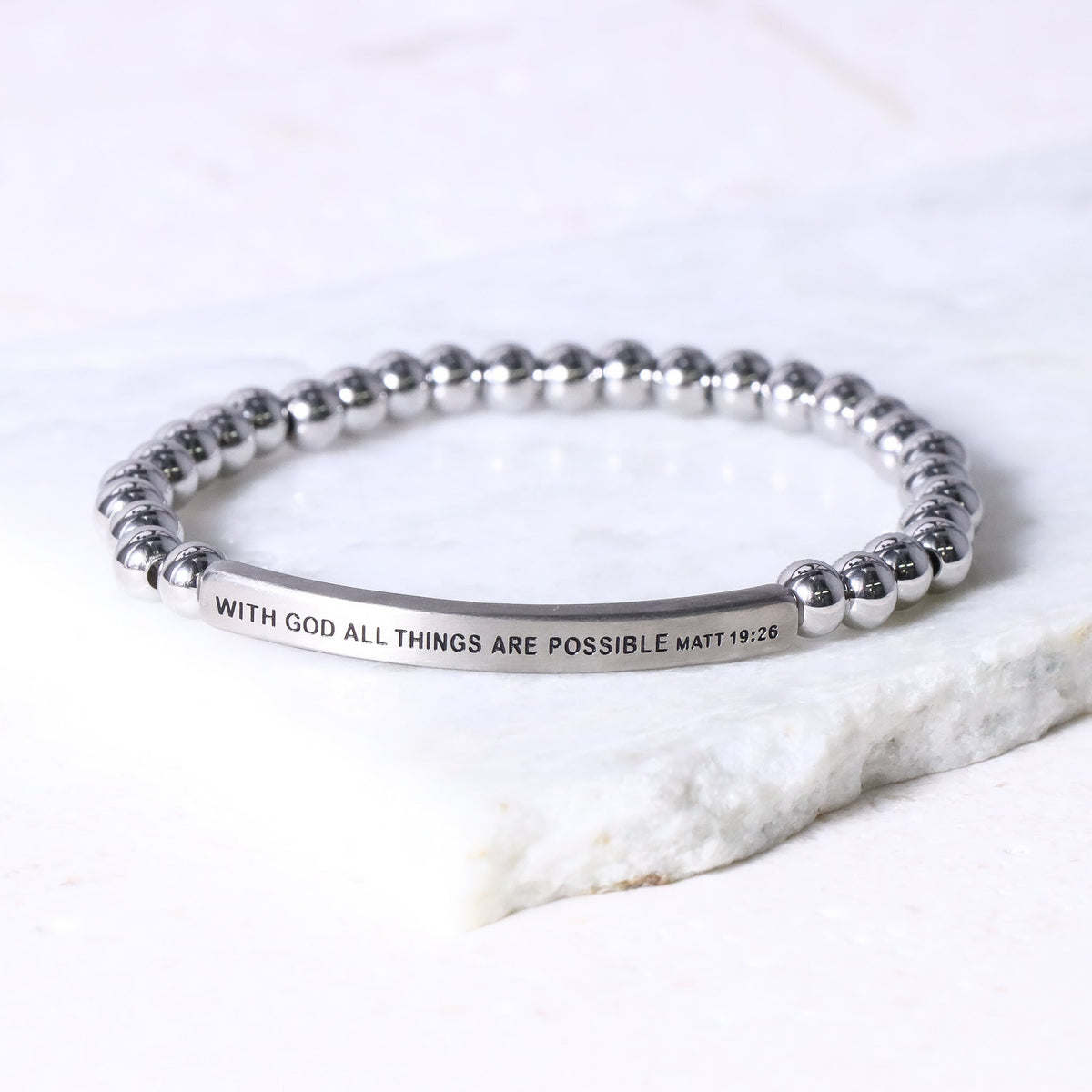 With God All Things Are Possible Christian beaded bracelet with engraved message and gemstone beads Matthew 19:26