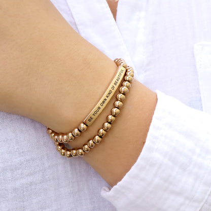 gold beaded womens engraved bracelet