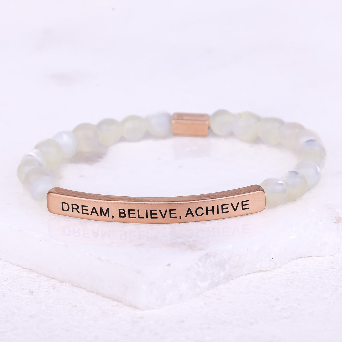 Pearl beaded bracelet with positive message