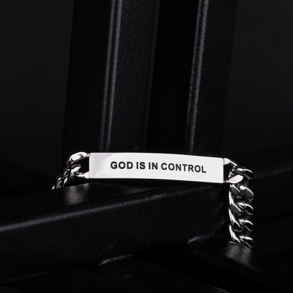 GOD IS IN CONTROL engraving on men&