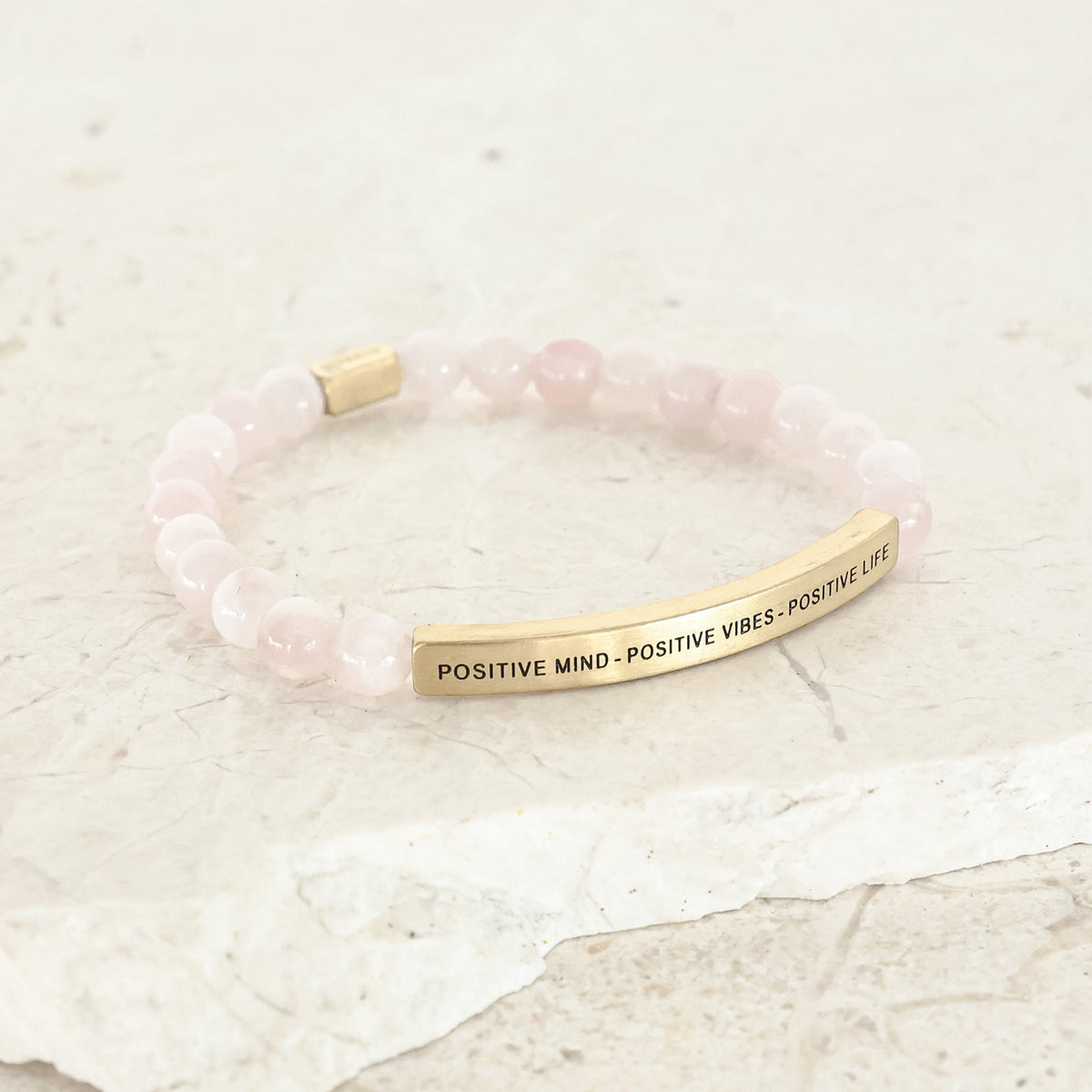 Positive Mind Positive Vibes Positive Life bracelet worn on wrist with gemstone beads