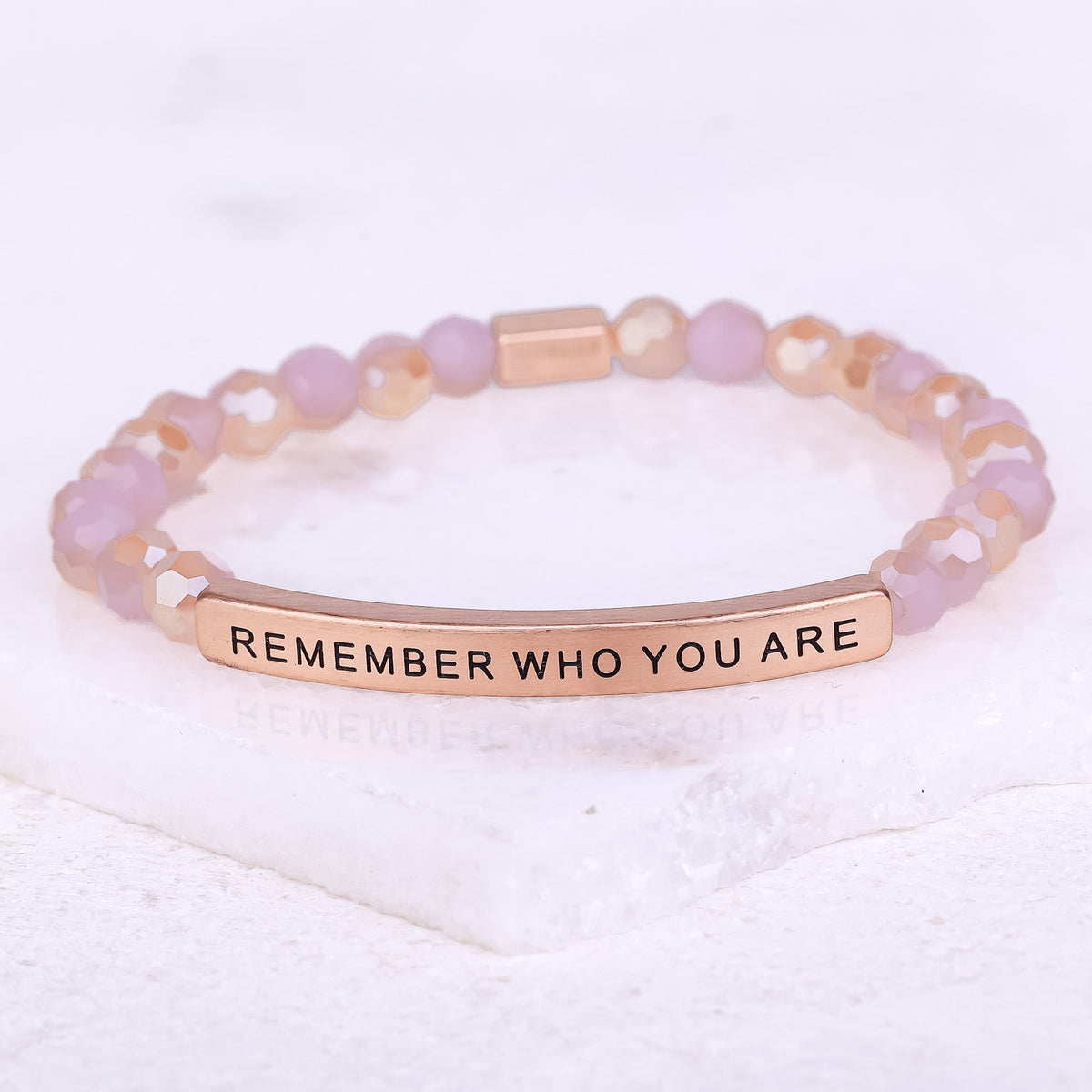 Beaded inspirational bracelet engraved with “Remember Who You Are”