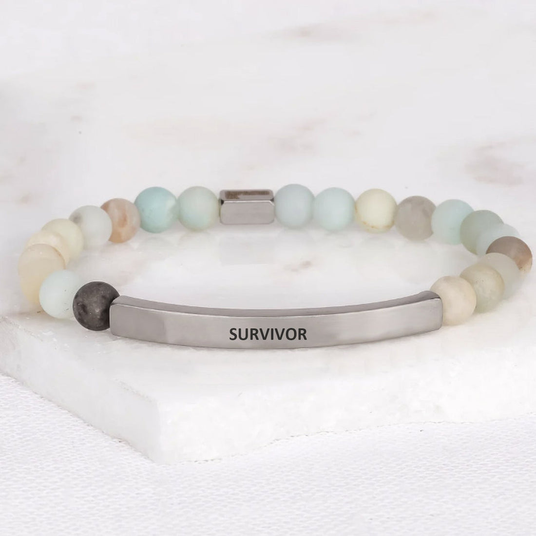 SURVIVOR inspirational beaded bracelet with engraved message and natural gemstone beads