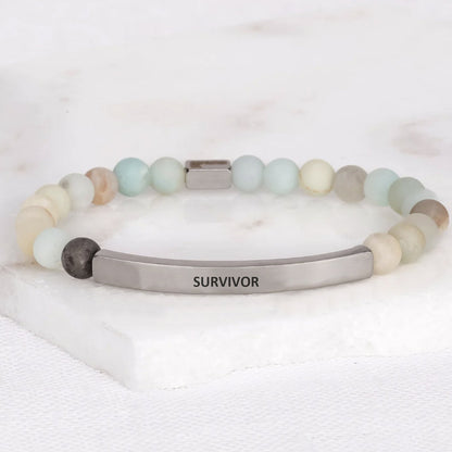 SURVIVOR inspirational beaded bracelet with engraved message and natural gemstone beads