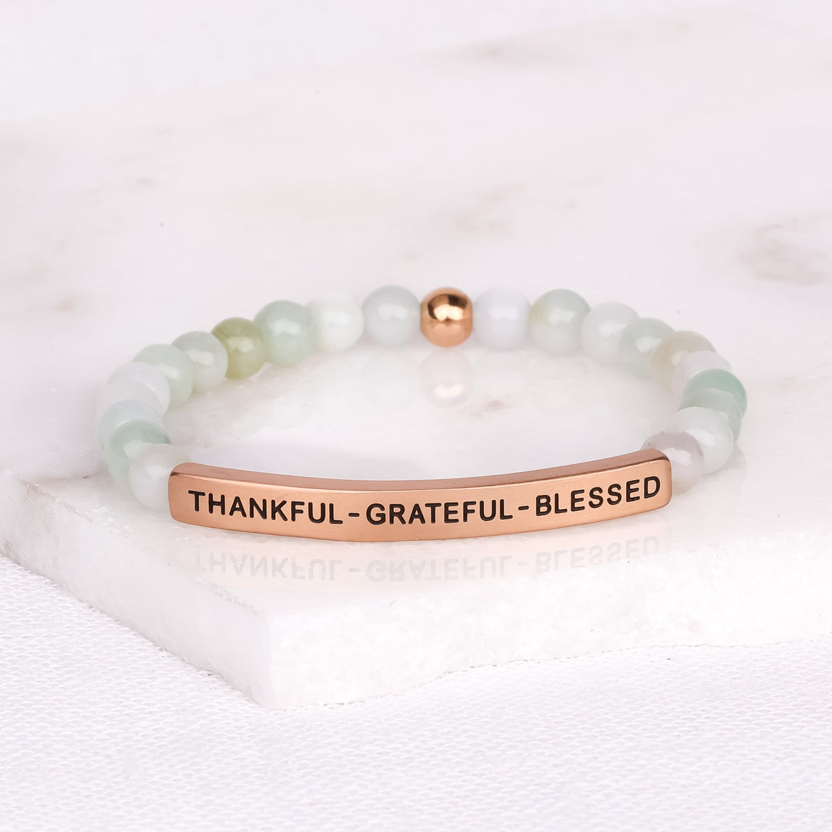 Thankful Grateful Blessed inspirational beaded bracelet with engraved message and natural gemstone beads
