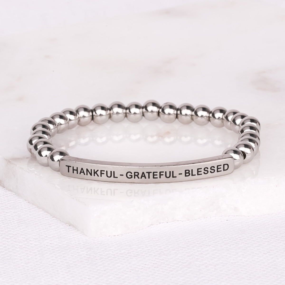 inspirational gemstone bead bracelet reminding you to live with a thankful and grateful heart