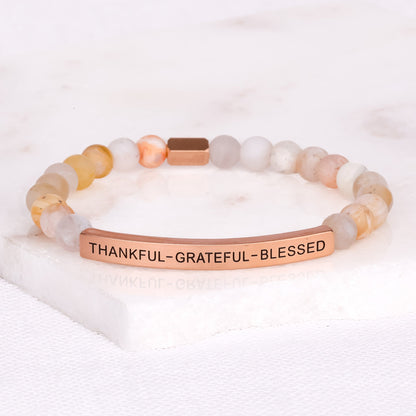 Gratitude message bracelet with natural gemstone beads and engraved Thankful Grateful Blessed inscription