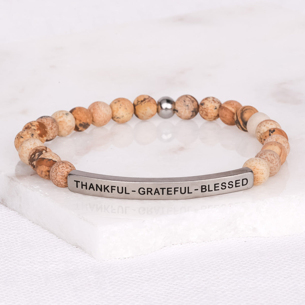THANKFUL GRATEFUL BLESSED gemstone bracelet celebrating gratitude, faith, and life&