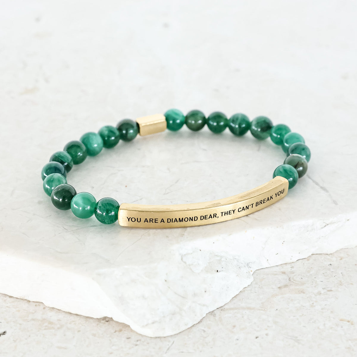 emerald beaded bracelet with engraved positive affirmation