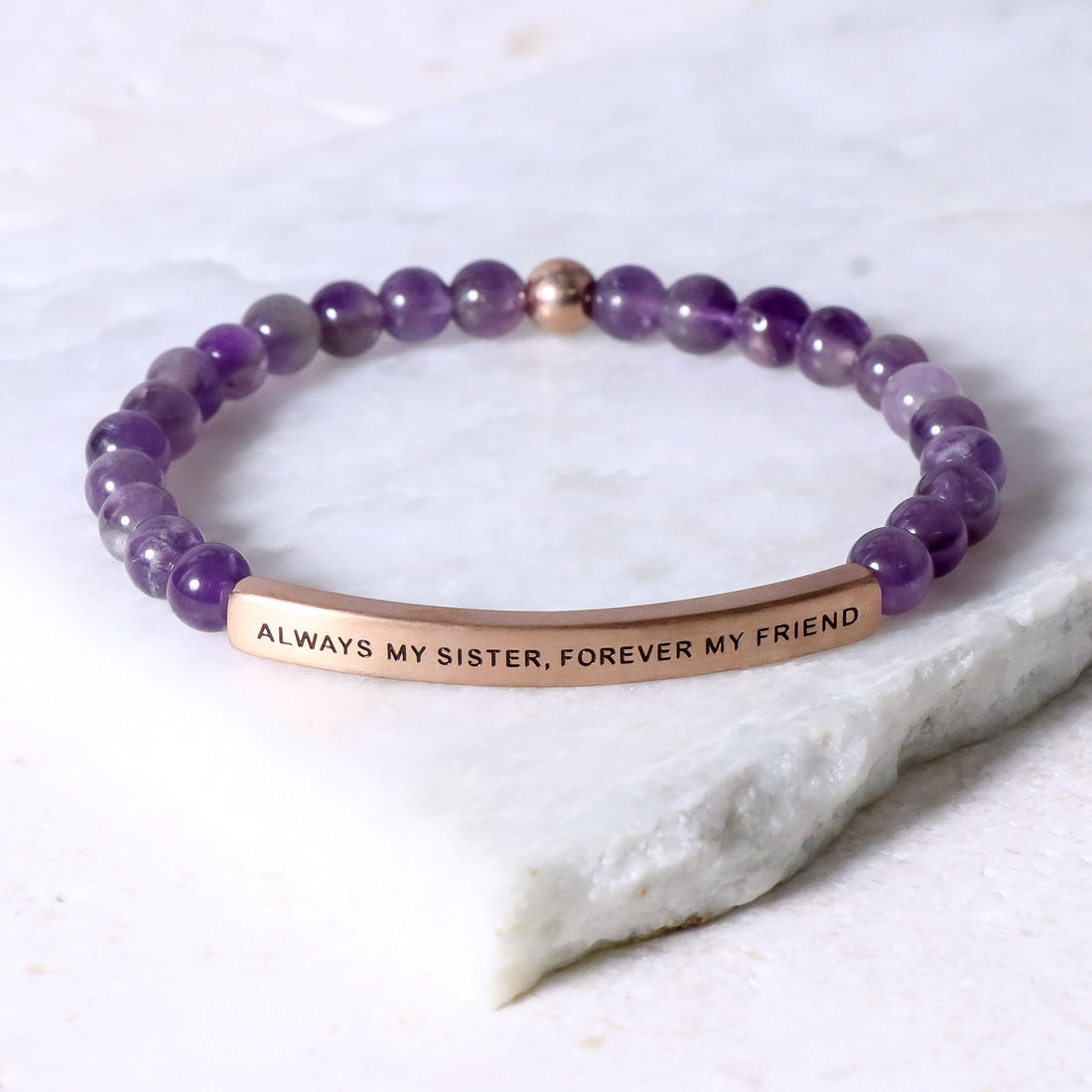 Amethyst beaded bracelet with engraved message bar