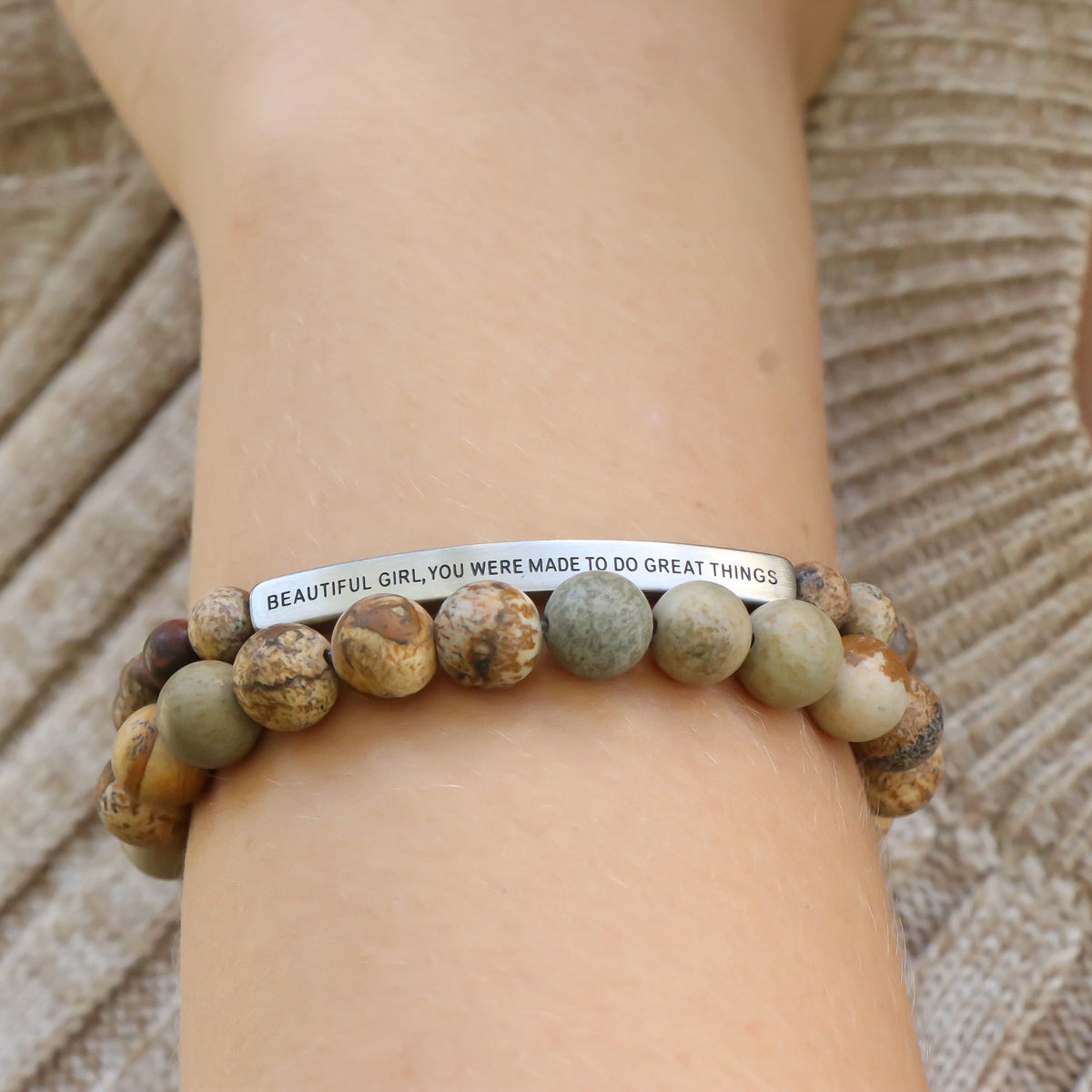 Engraved inspirational beaded bracelet