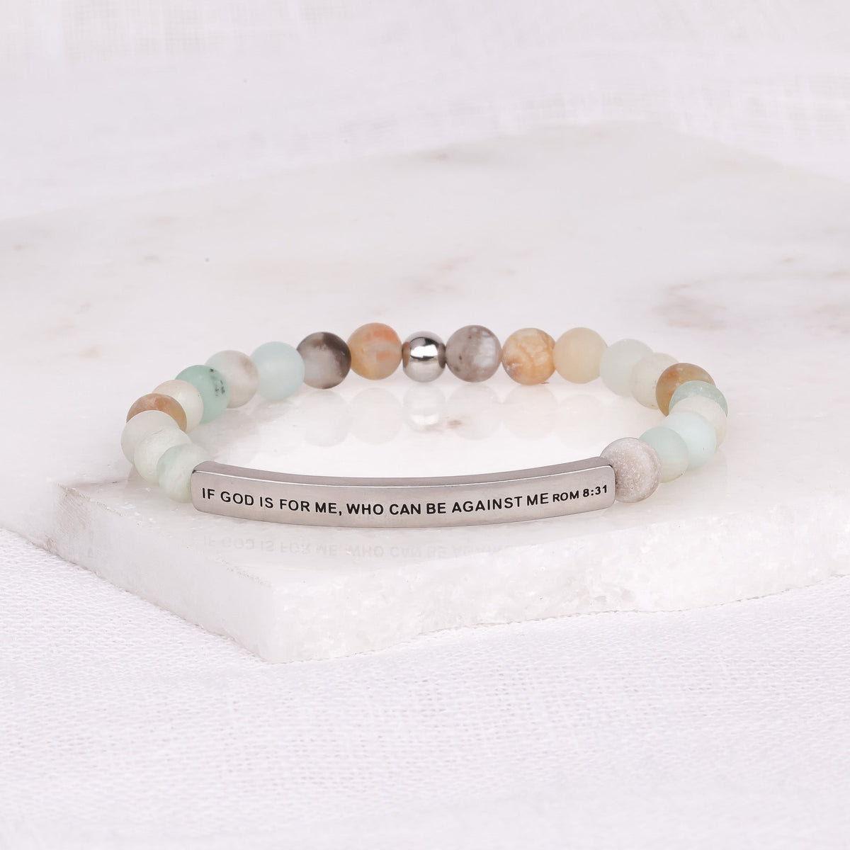 Romans 8:31 inspirational bracelet with engraved Scripture message