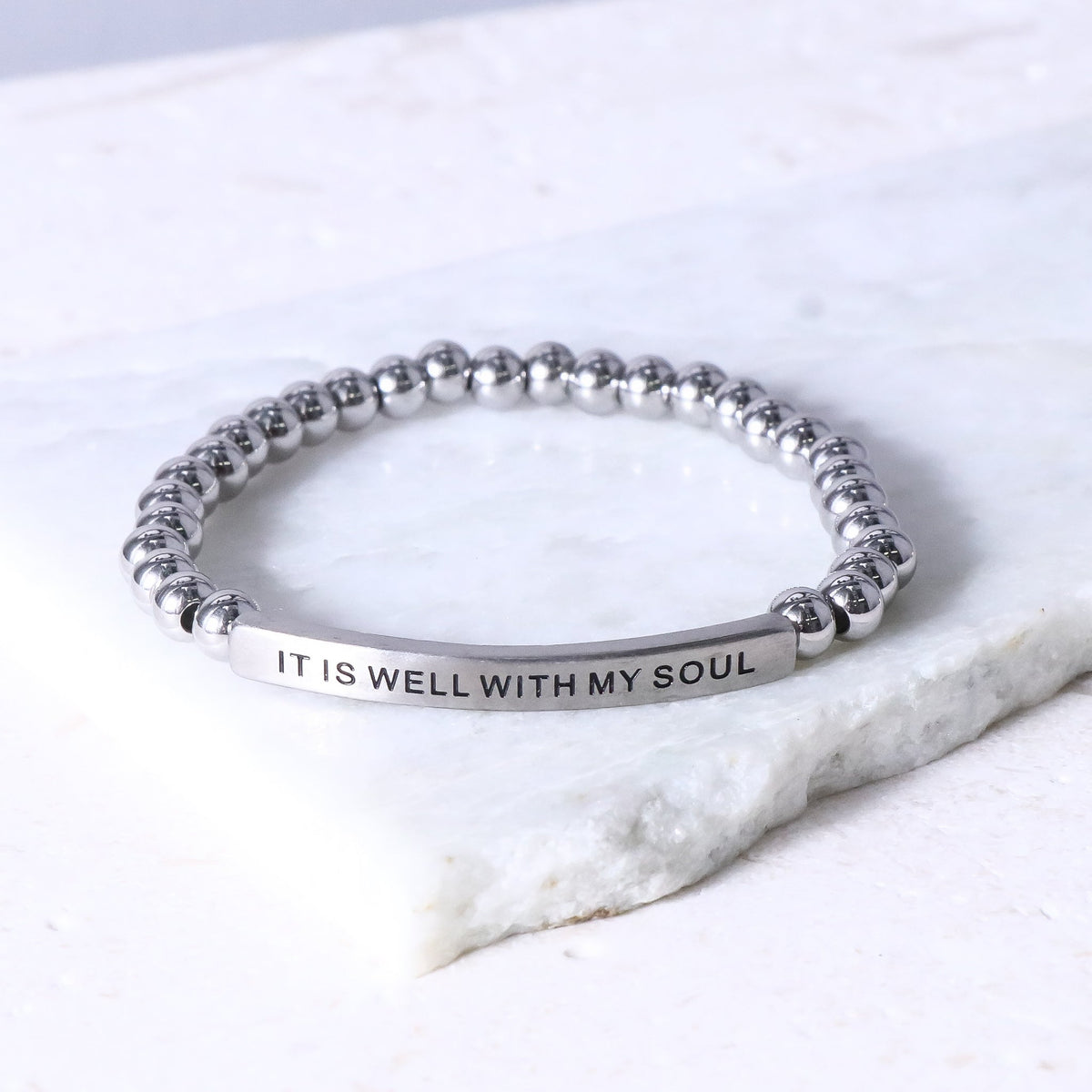 Christian faith bracelet with stainless steel inspirational message bar