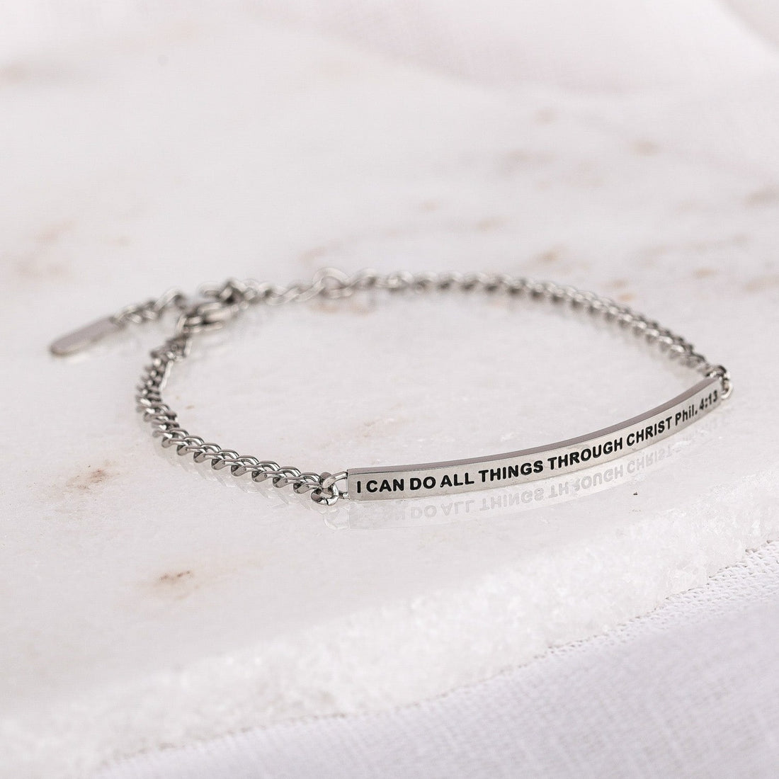 silver chain bracelet with engraved bible verse