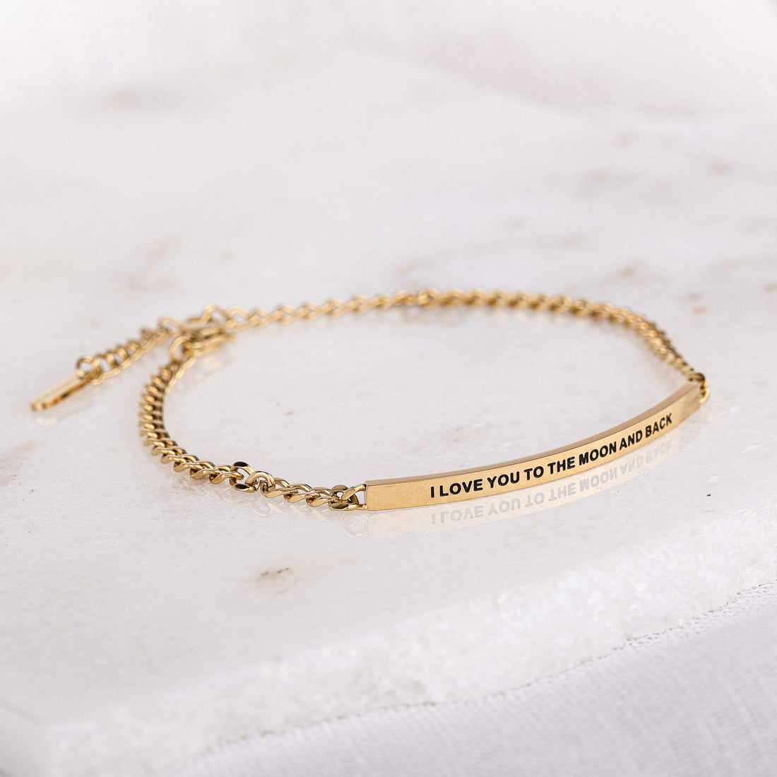gold dainty chain bracelet with engraved message bar