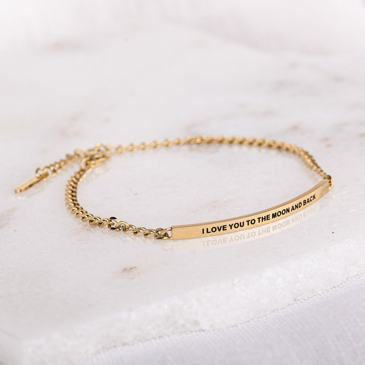 gold dainty chain bracelet with engraved message bar
