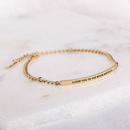 gold dainty chain bracelet with engraved message bar