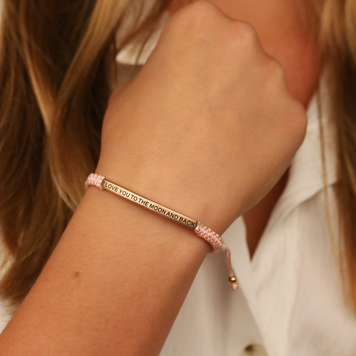 Meaningful love bracelet engraved with I LOVE YOU TO THE MOON AND BACK