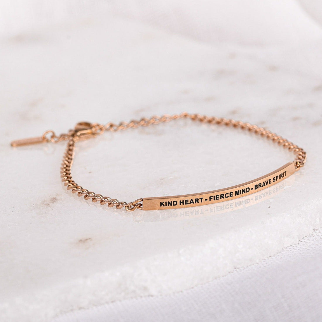Kind Heart Fierce Mind Brave Spirit chain bracelet with engraved message