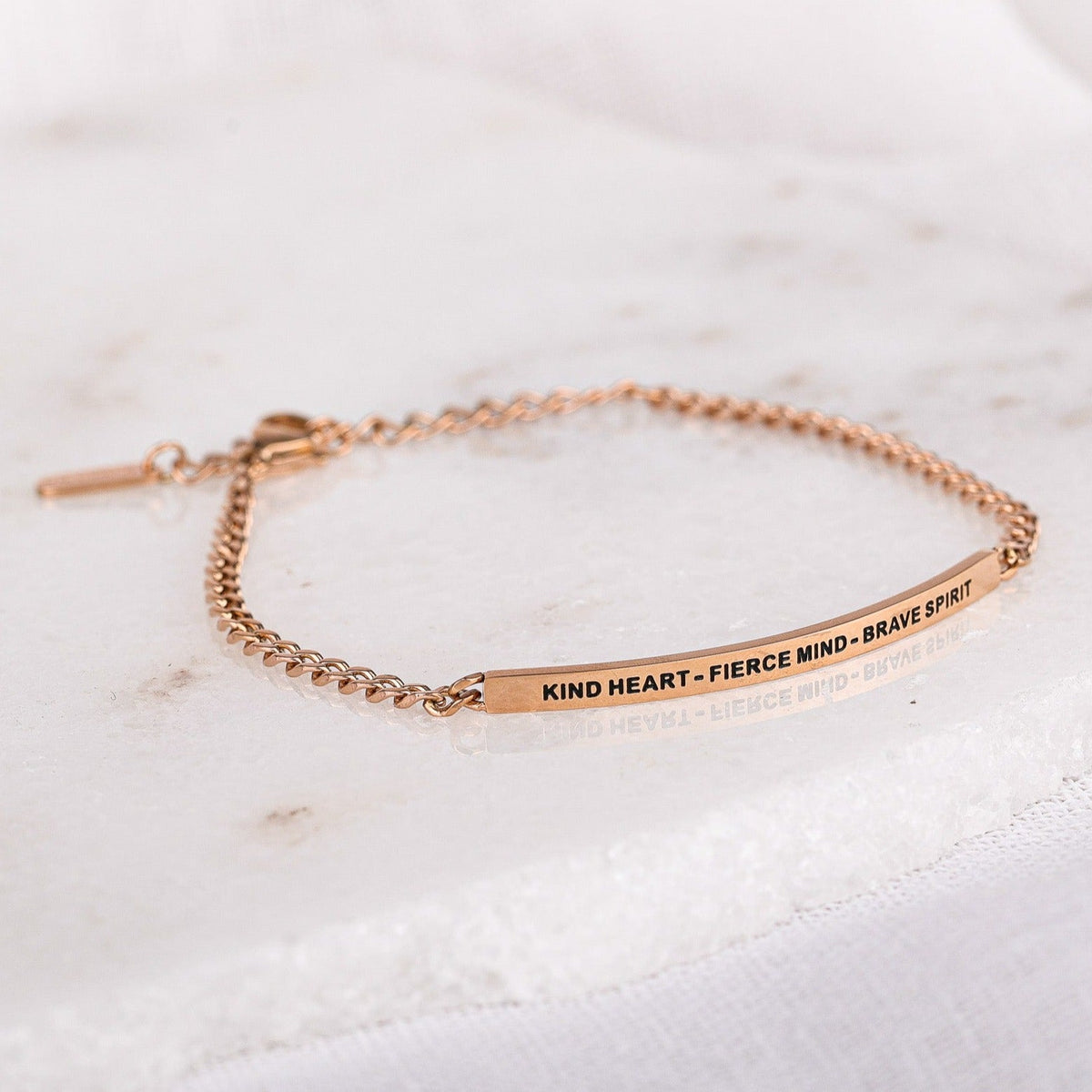 Kind Heart Fierce Mind Brave Spirit chain bracelet with engraved message