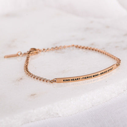 Kind Heart Fierce Mind Brave Spirit chain bracelet with engraved message
