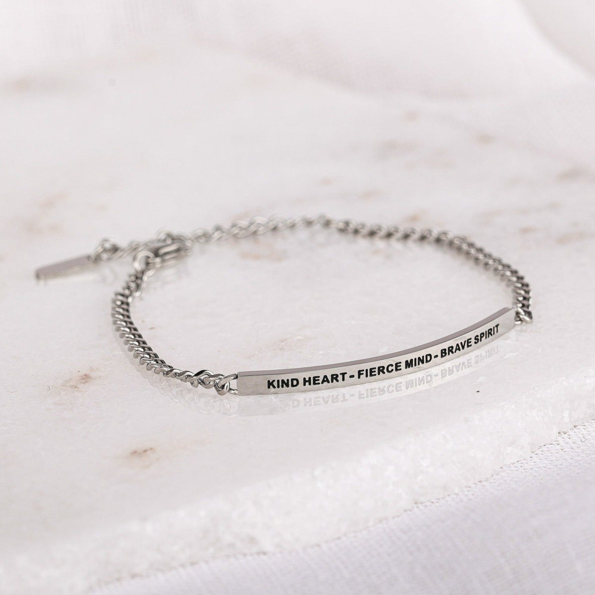 Inspirational chain bracelet engraved with “Kind Heart - Fierce Mind - Brave Spirit”