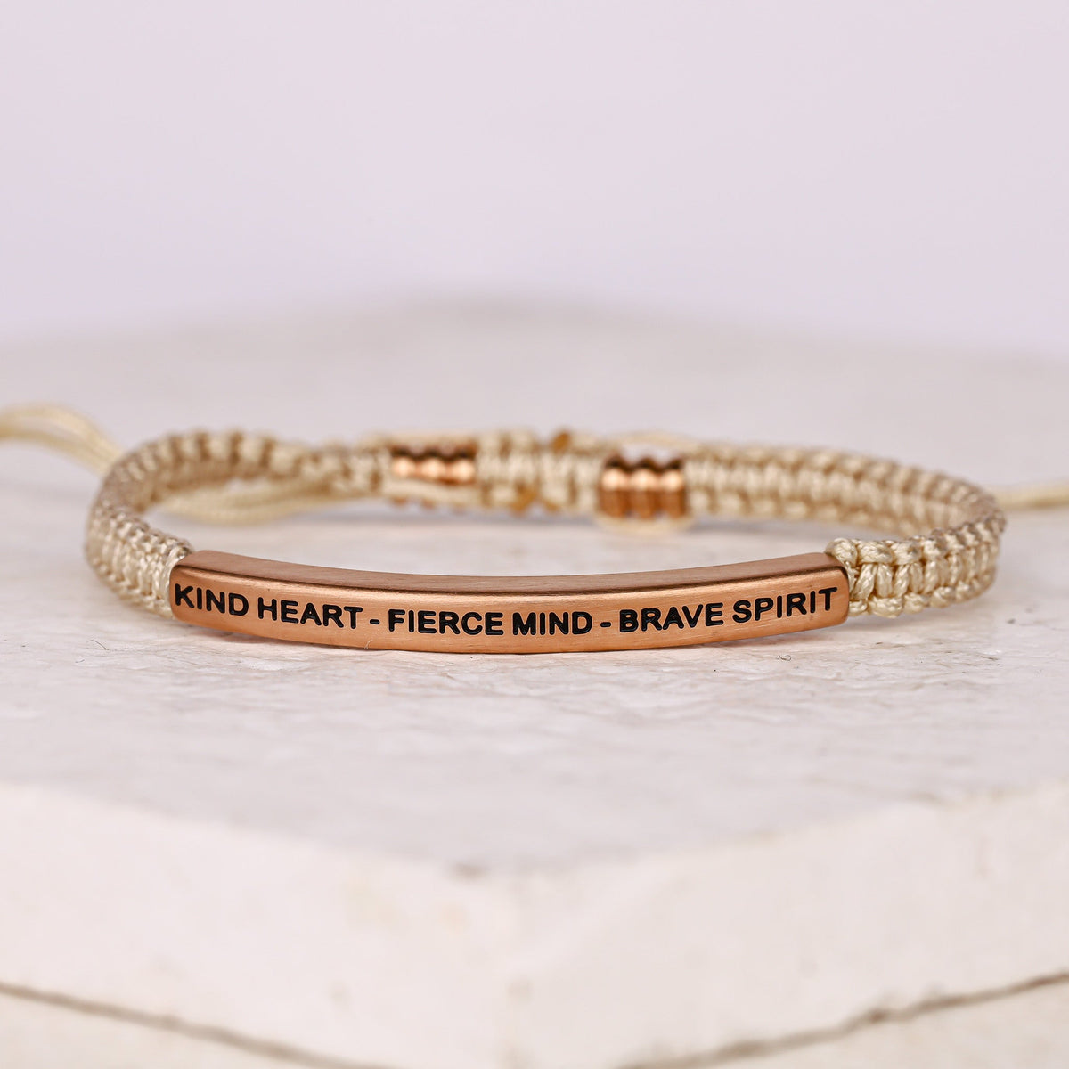 Meaningful rope bracelet with Kind Heart Fierce Mind Brave Spirit inscription