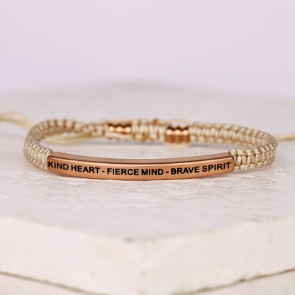 Meaningful rope bracelet with Kind Heart Fierce Mind Brave Spirit inscription