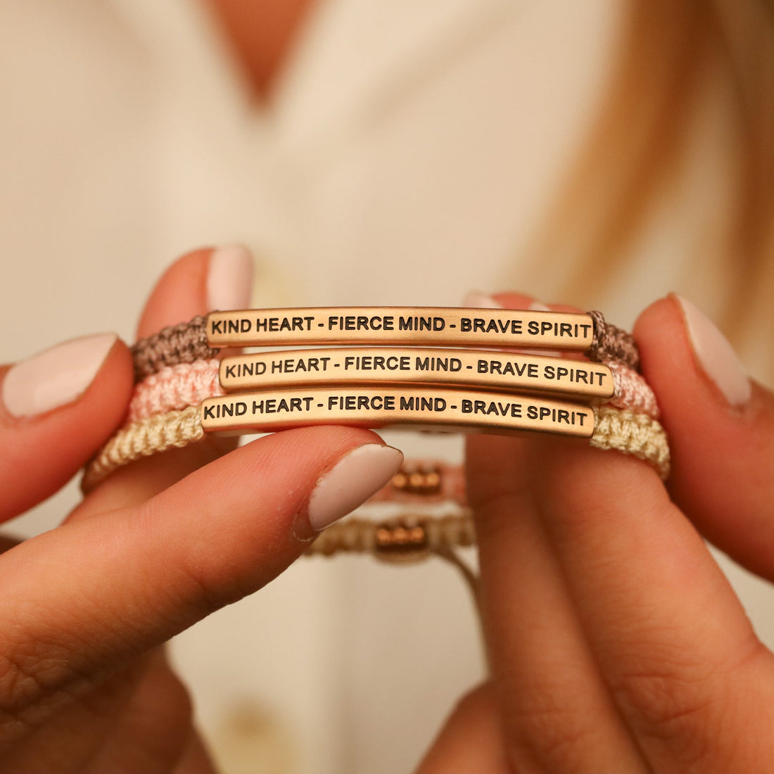 Inspirational rope bracelet engraved with “Kind Heart - Fierce Mind - Brave Spirit”