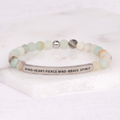 Bracelet engraved with “Kind Heart - Fierce Mind - Brave Spirit”