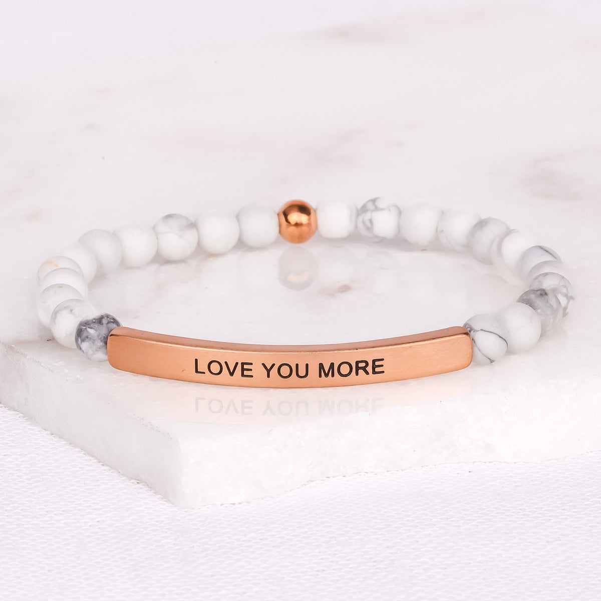 Love You More bracelet with natural gemstone beads and stainless steel message bar