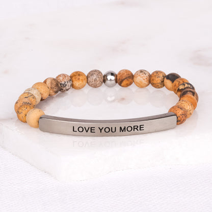 Meaningful gift bracelet with LOVE YOU MORE inscription and gemstone beads