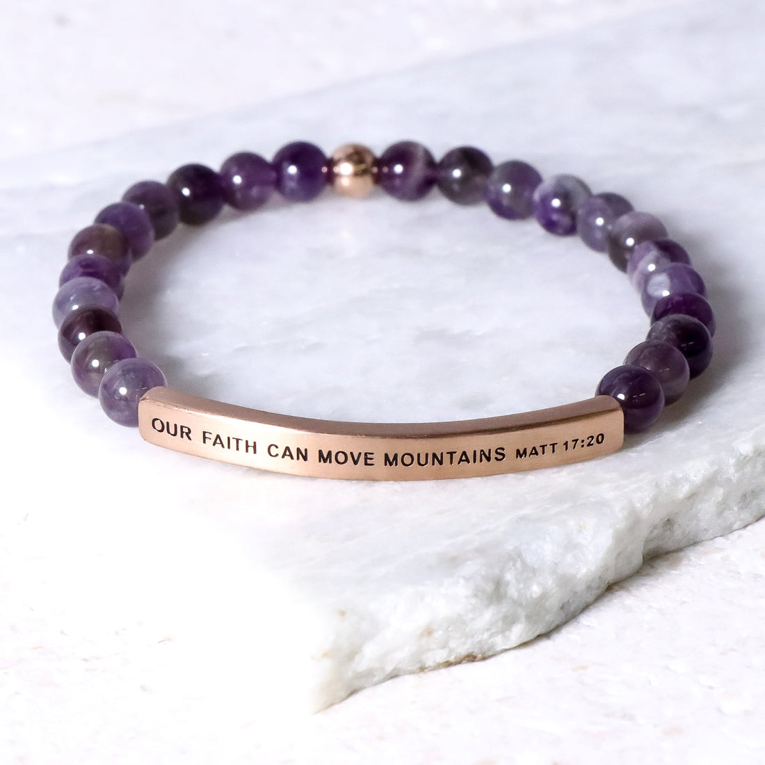 Christian bracelet engraved with “Our Faith Can Move Mountains”