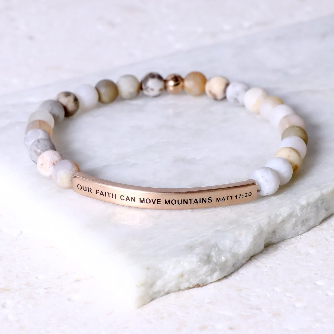 Our Faith Can Move Mountains Christian bracelet with engraved message