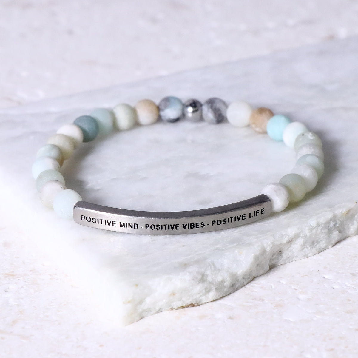 Positive Mind Positive Vibes Positive Life beaded bracelet with engraved message