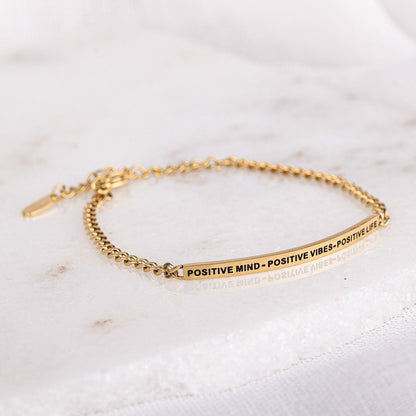 Meaningful positivity chain bracelet with engraved message bar